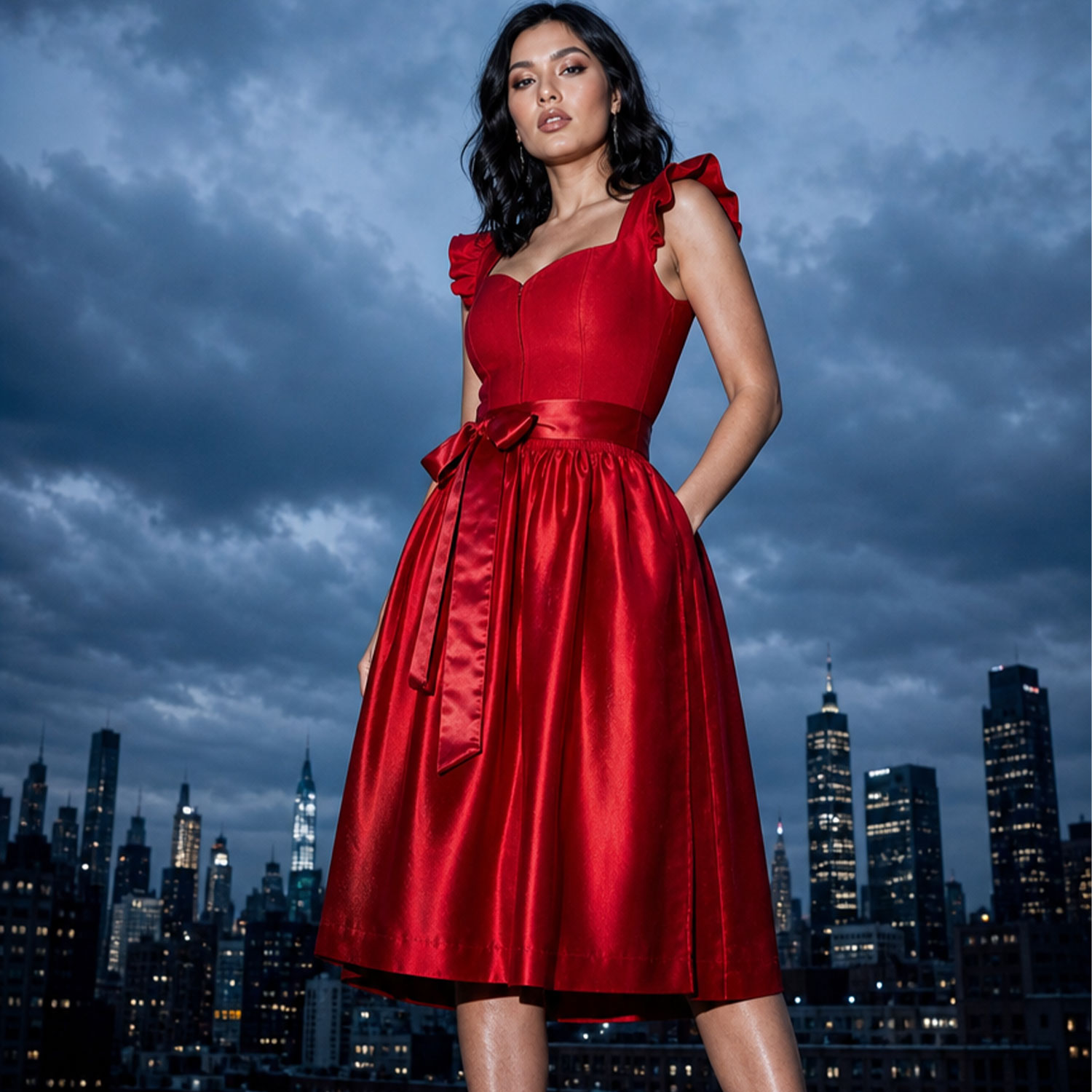 Modernes 2-in-1 Dirndl in Knallrot von Elli und Juliette mit Flügelärmeln bei einem nächtlichen City-Shooting auf einem Rooftop vor beleuchteter Skyline.