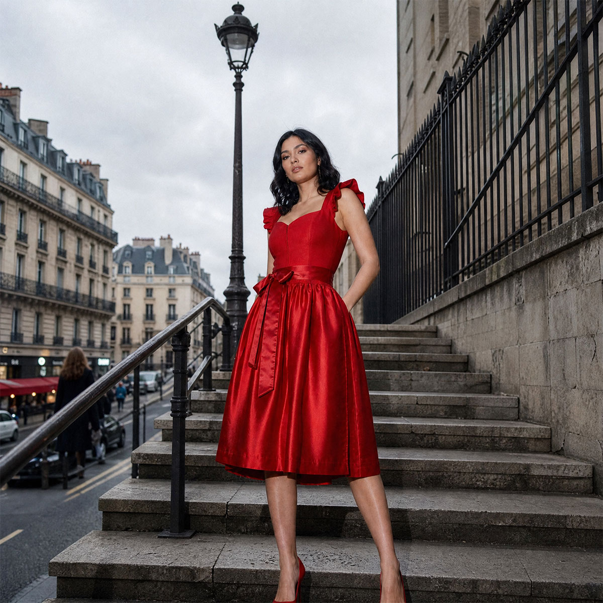 Elegantes rotes Dirndl mit Leinenmieder von Elli und Juliette beim Fashion-Shooting auf einer historischen Steintreppe in London.